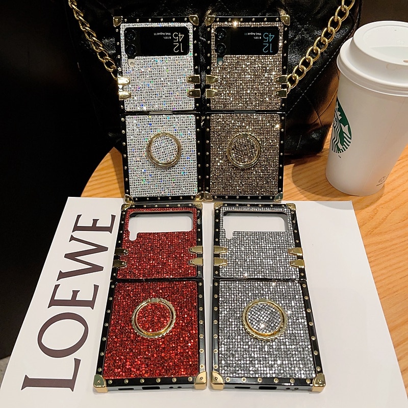 Phone Case For Samsung Galaxy Z Flip 5 Z Flip 4 Z Flip 3 Flip Flip Bling Ring Holder Glitter Shine Crystal Diamond PC2