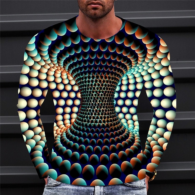 Men's Geometric Graphic Prints T Shirt Long Sleeve T shirt 3D Print Crew Neck Shirt Sports Designer Basic Outdoor Street Daily Purple Orange Green Spring &  Fall Clothing Apparel S M L XL XXL 3XL