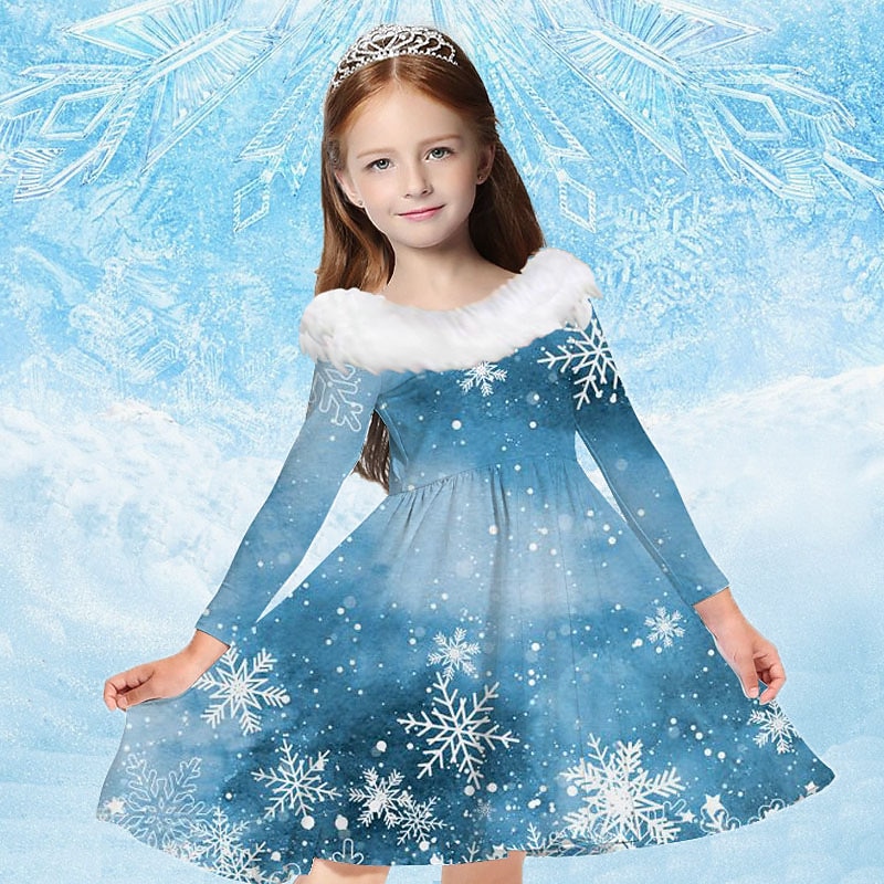 Kids Girls' Dress Snowflake Dress Snowflake Long Sleeve Casual Fur Trim Crewneck Adorable Daily Polyester Above Knee Casual Dress Swing Dress A Line Dress Fall Winter 2-13 Years Multicolor Champagne3
