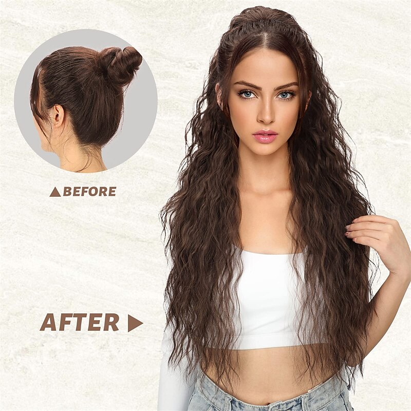 Long Corn Wave Ponytail Hair Extensions Drawstring Medium Brown Curly Pony tail Hair Pieces for Women Natural Clip in Ponytail HairPieces Synthetic (30inch)3