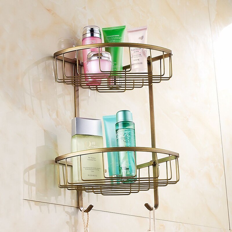 Shower Caddy Bathroom Shelf Standing, Bathroom Shelf Corner Basket Antique Brass Shower Caddy for Shampoo Soap Hair Dryer Holder Triangle Shelves Wall Mounted Basket Rack Shower4