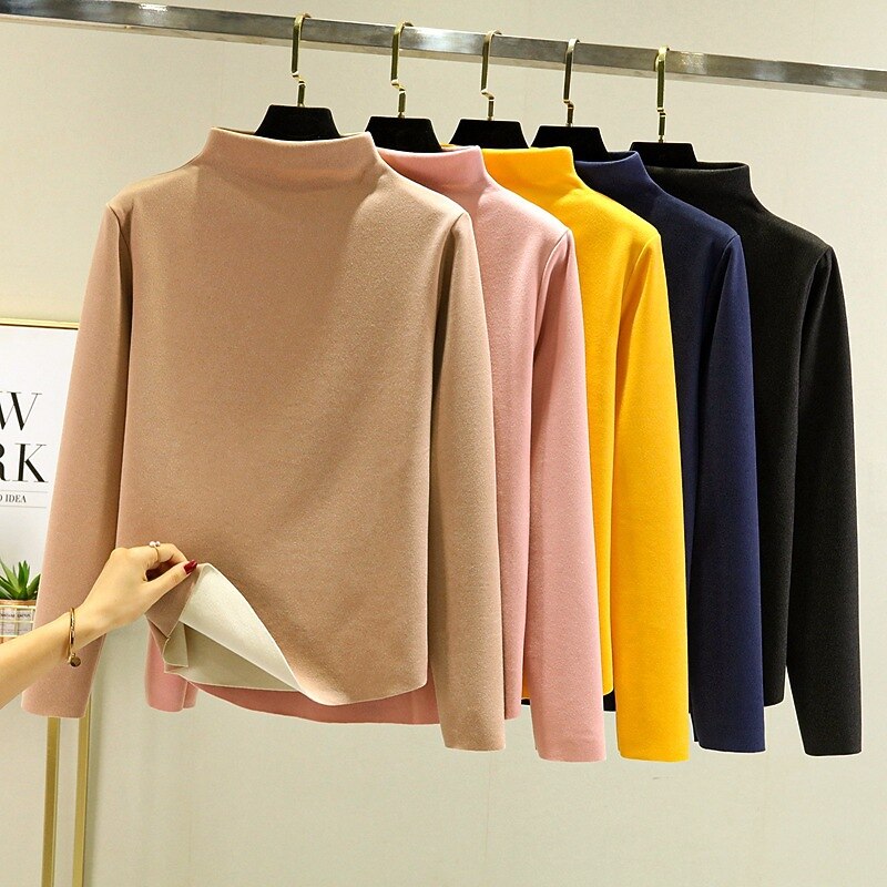 Women's Undershirt Bottoming Shirt Solid Color Warm Fuzzy Sherpa Fleece Long Sleeve Turtleneck Pile Neck Regular Tops Street Casual Black Yellow Pink Navy Blue Khaki Fall & Winter