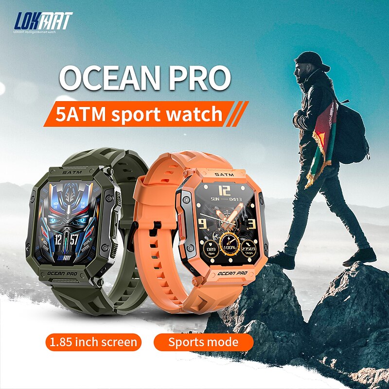 LOKMAT OCEAN PRO Smart Watch 1.85 inch Smartwatch Fitness Running Watch Bluetooth Pedometer Call Reminder Sleep Tracker Compatible with Android iOS Women Men Long Standby Waterproof Media Control IP68