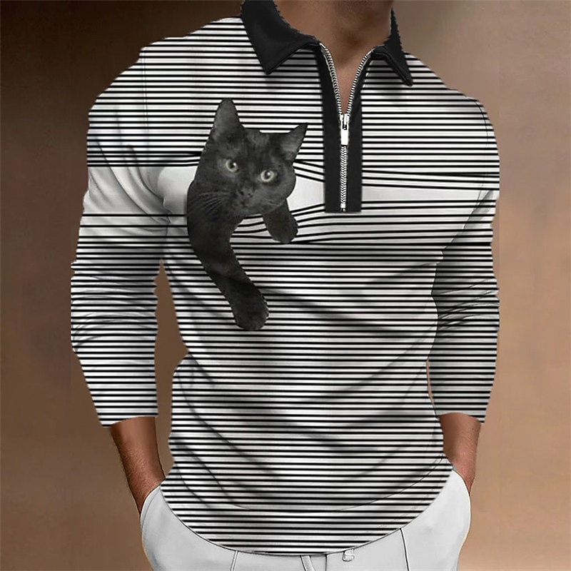 Men's Cat Zip Polo Shirts Golf Shirt Long Sleeve Polo Shirts Collared Shirts Casual Funny Streetwear Vacation Wear Party Outfits 3D Print Quarter Zip Polo Black+Black White & Blue Black4
