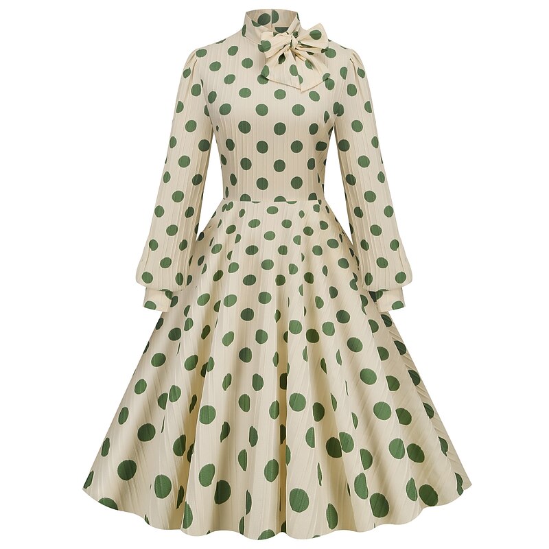 Polka Dots Retro Vintage 1950s Grease Outfits Vacation Dress Flare Dress Women's Costume Vintage Cosplay Daily Wear Long Sleeve Dress Carnival4