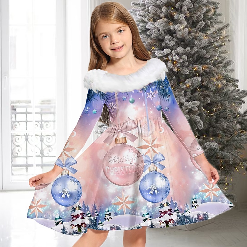Kids Girls' Christmas Dress Dress Snowflake Dress Santa Claus Gradient Long Sleeve Casual Crewneck Adorable Daily Polyester Above Knee Casual Dress Swing Dress A Line Dress Fall Winter 3-10 Years3