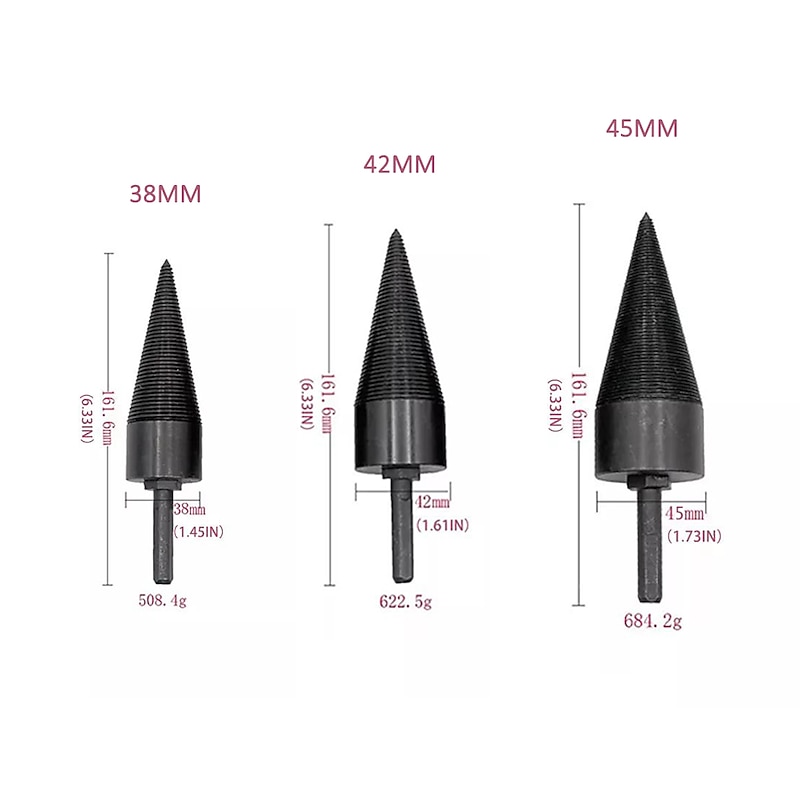 Firewood Log Splitter Drill Bit Wood Splitter Drill Bits Hex Shank Removable Heavy Duty Drill Screw Cone Driver 38mm/42mm/45mm (1.5"/1.65"/1.77")2
