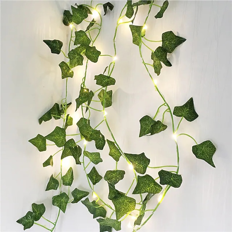 Artificial Plants LED String Light 2M 20LEDS Fairy Lights Creeper Green Leaf Christmas Home Wedding Outdoor Ivy Vine Decoration Lamp DIY Hanging Garden Patio Yard (without Battery)