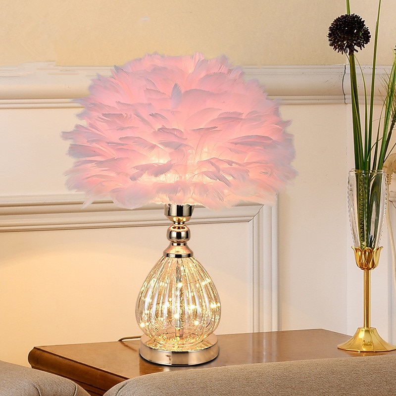 Pink Feather Bedside Lamp Luxury Fairy Lights Feather Bedside Lamp Shade Feather Table Lamp Desk Lampshade for Living Room Bedroom Dining Room