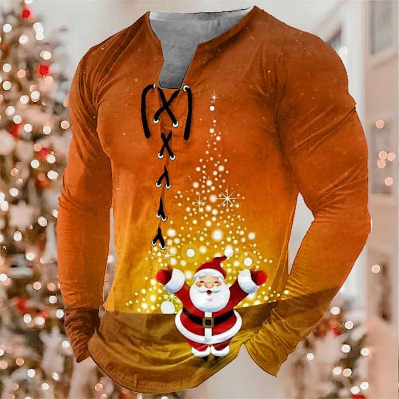 Christmas Men's Santa Claus Henley T Shirt Graphic Tee Santa Claus Collar Green Blue Purple Orange Red 3D Print Outdoor Long Sleeve Lace Up Casual Cotton3