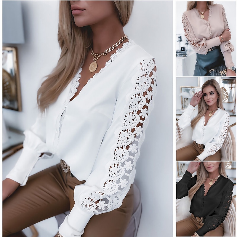 Women's Lace Shirt Blouse Eyelet top White Lace Shirt Solid Colored Elegant Fashion Basic V Neck Daily Lace White Spring Fall Winter Fall & Winter2