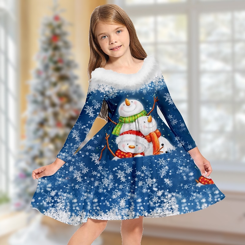 Kids Girls' Dress Casual Dress Above Knee Dress Fur Trim Long Sleeve Adorable Dress 2-13 Years Winter Green Blue Wine3