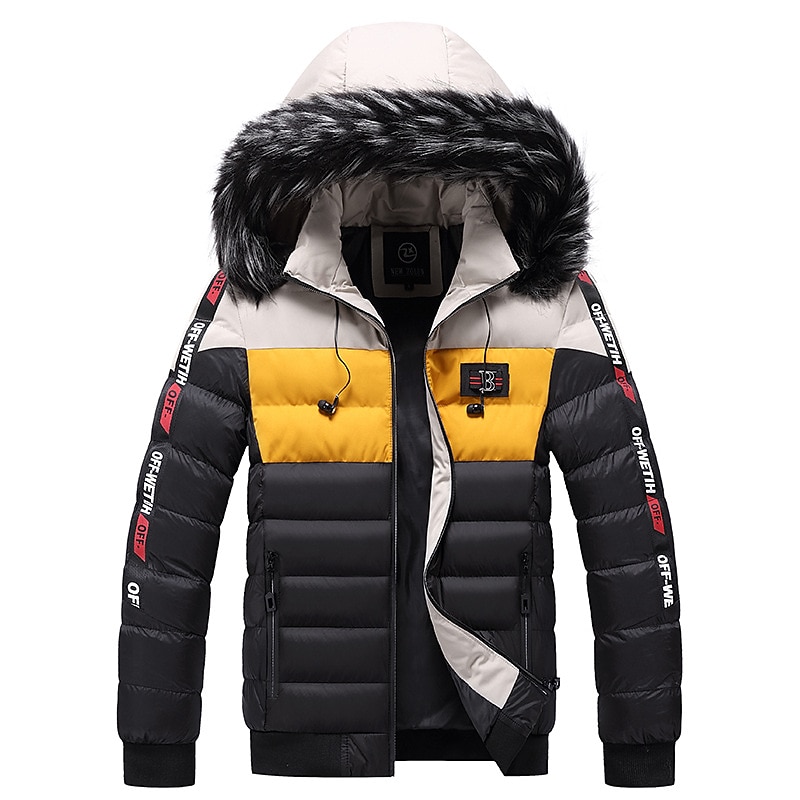 Men's Puffer Jacket Quilted Jacket Cardigan Parka Fur Trim Zipper Pocket Vacation Going out Casual Daily Warm Outdoor Casual Winter Letter Matte Black Black Yellow Red Puffer Jacket2