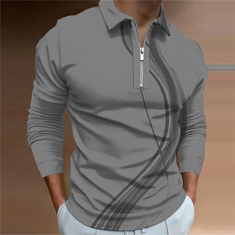Men's Geometric Zip Polo Shirts Golf Shirt Long Sleeve Polo Shirts Collared Shirts Business Casual Vacation Wear Formal Wear Festival Wear 3D Print Quarter Zip Polo Yellow Blue Purple2