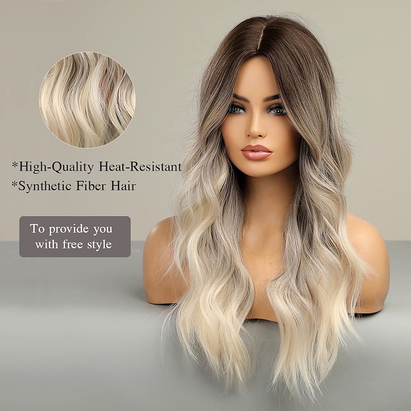Long Wavy Ombre Brown to Blonde Wigs for Women Synthetic Hair Heat Resistant Ombre Wig for Daily Party Cosplay Use-24Inches barbiecore Wigs2