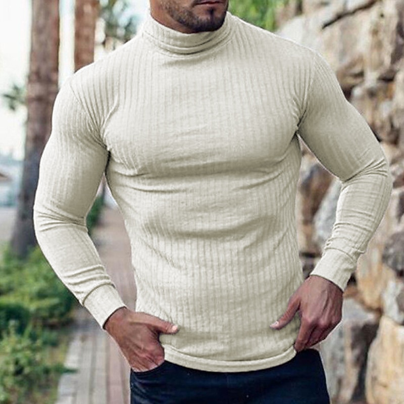 Men's T Shirt Turtleneck shirt Muscle Shirt Ribbed Knit tee Long Sleeve Rolled collar Fall & Winter Plain Lightweight Classic Casual Outdoor Casual Sports Black White Pink Top Tee for Men2
