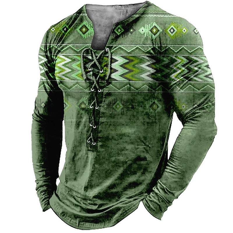 Mens Graphic Shirt Tee Collar Green Blue Coffee Gray 3D Print Outdoor Street Long Sleeve Lace Up Clothing Apparel Boho Designer Casual Native American Cotton3