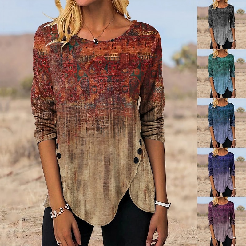 Women's Tunic T Shirt Graphic Vintage Tunic Ethnic Long Sleeve Round Neck Regular Tops Holiday Weekend Print Maroon Blue Green Gray Fall & Winter