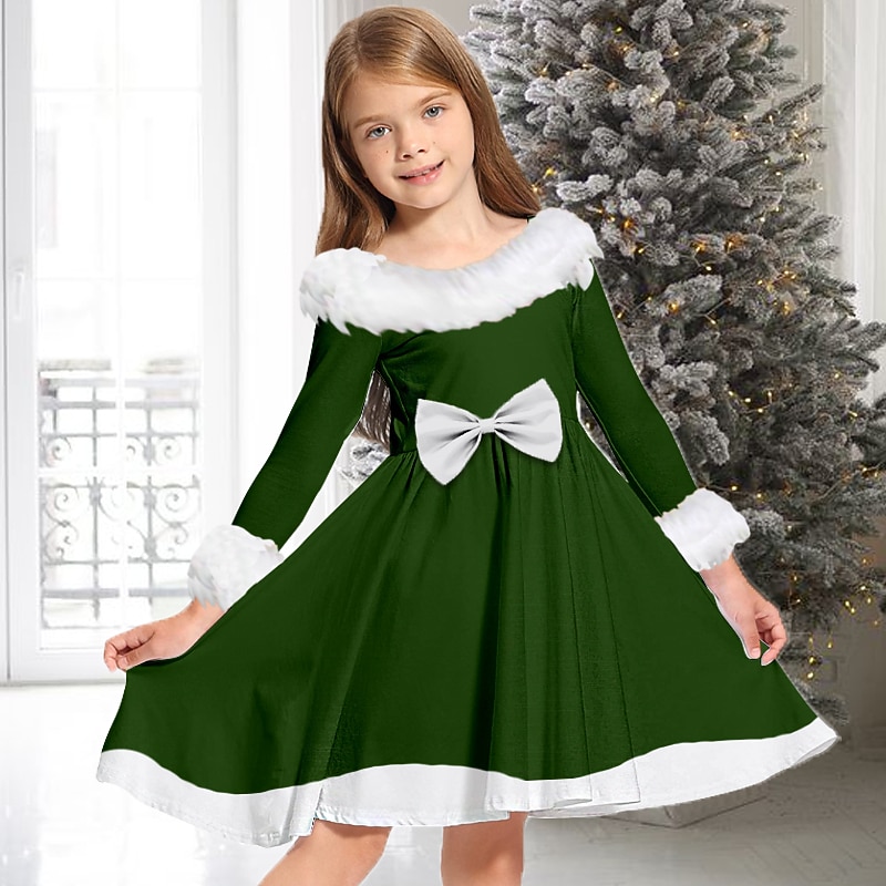 Kids Girls' Dress Solid Color Long Sleeve Casual Fur Trim Crewneck Adorable Daily Polyester Above Knee Casual Dress Swing Dress A Line Dress Fall Winter 2-13 Years Black Wine Red4