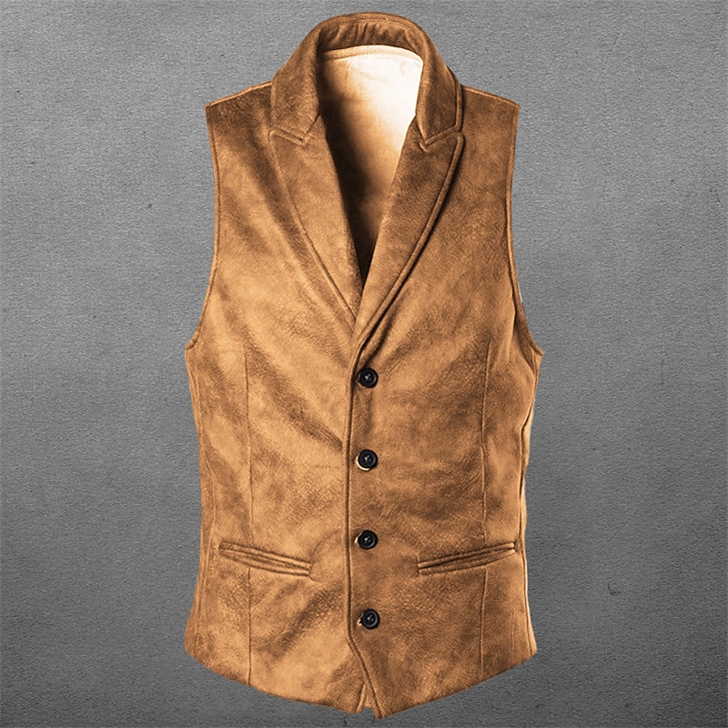 Men's Suede Vest Wedding Street Holiday Going out Vintage Style Casual Fall Winter Pocket Suede Warm Pure Color Single Breasted V Neck Regular Fit Black Brown Vest2