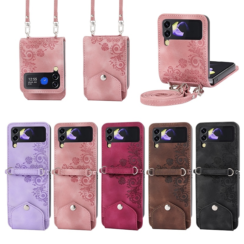 Phone Case For Samsung Galaxy Z Flip 6 Z Flip 5 Z Flip 4 Z Flip 3 Handbag Purse Flip Flip with Removable Cross Body Strap With Card Holder Solid Colored Flower PU Leather2
