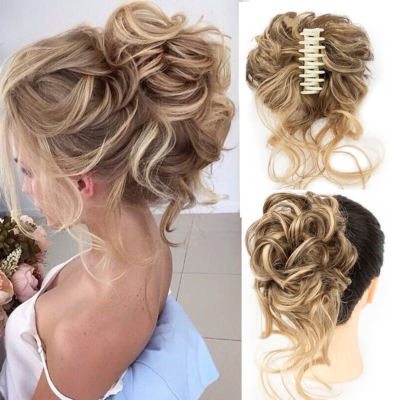 Messy Hair Bun Hairpiece for Women Clip in Claw Hair Pieces Synthetic Chignon Super Long Tousled Updo Hair Bun Extensions Wave Curly Hairpieces for Daily Wear(12/24)