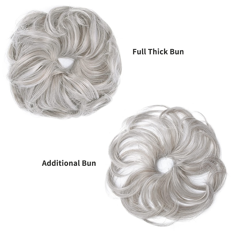 2PCS Updo Messy Hair Bun Curly Wavy Ponytail Extensions Hairpieces Hair Scrunchies Wraps Chignon for Women Girls (Plus Limited Hair Bun with Longer Hair Length Grey/Brown/Silver/White Mixed)4