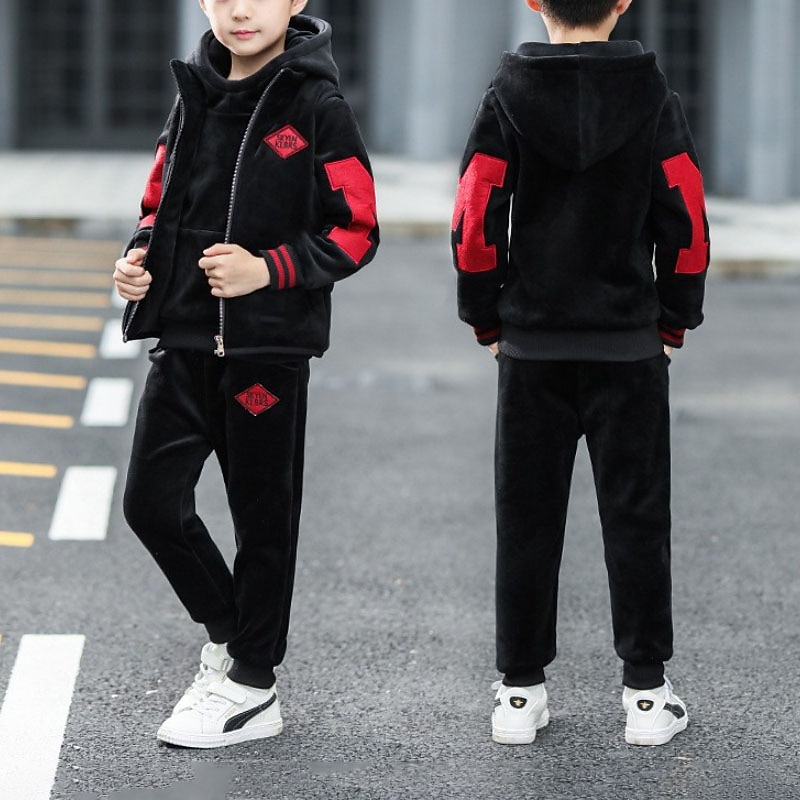 3 Pieces Kids Boys Hoodie & Pants Outfit Letter Long Sleeve Set Casual Cool Casual Winter Fall 7-13 Years Big M double-sided velvet (three-piece set) red Big M double-sided velvet (three-piece set