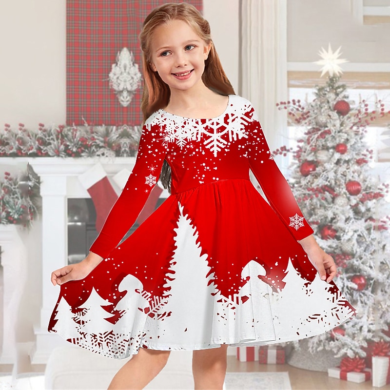 Kids Girls' Christmas Dress Dress Snowflake Dress Snowflake Long Sleeve Christmas Gifts Casual Crewneck Adorable Daily Polyester Above Knee Casual Dress Swing Dress A Line Dress Fall Winter 3-10 Years3