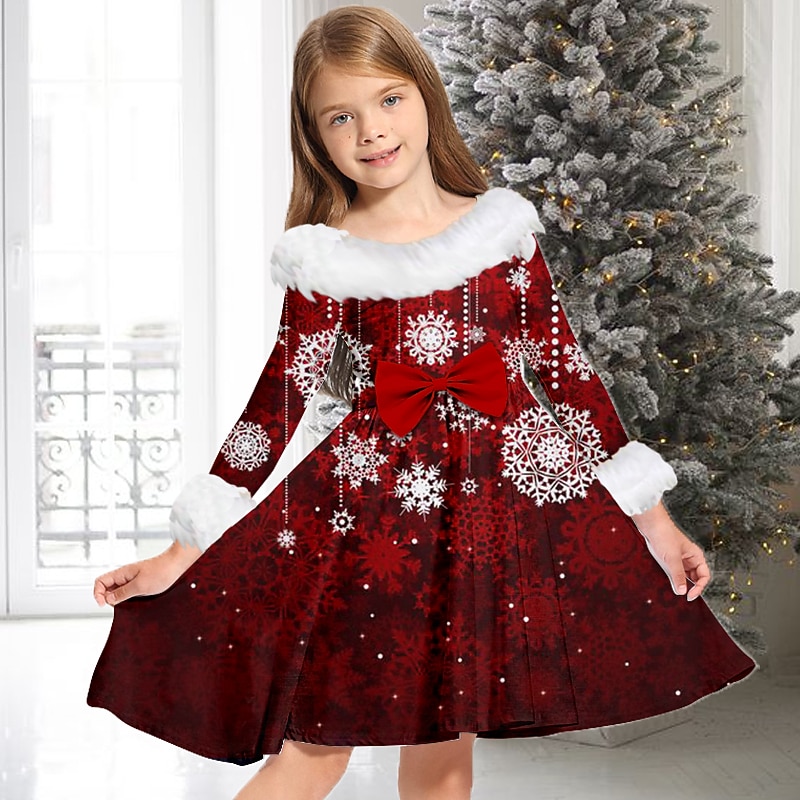 Kids Girls' Christmas Dress Dress Snowflake Dress Snowflake Long Sleeve Casual Fur Trim Crewneck Adorable Daily Polyester Above Knee Casual Dress Swing Dress A Line Dress Fall Winter 2-13 Years White4