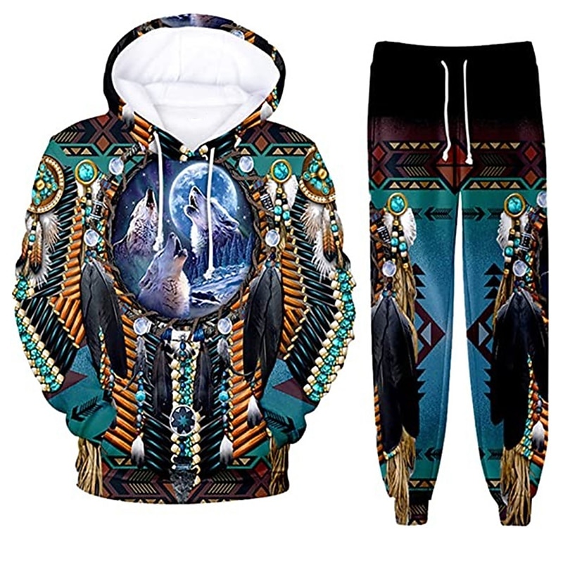 Men's Graphic Wolf Bohemian Style 2pcs 3D Sweatshirt Sets Tracksuit Hoodies Long Sleeve Long pants Hooded Streetwear Designer Basic Sports & Outdoor Casual Sports Print Spring Fall Blue Orange Brown4