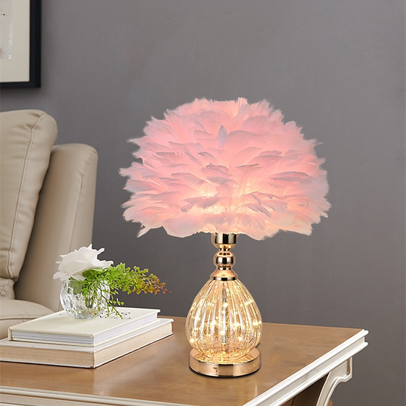 Pink Feather Bedside Lamp Luxury Fairy Lights Feather Bedside Lamp Shade Feather Table Lamp Desk Lampshade for Living Room Bedroom Dining Room3