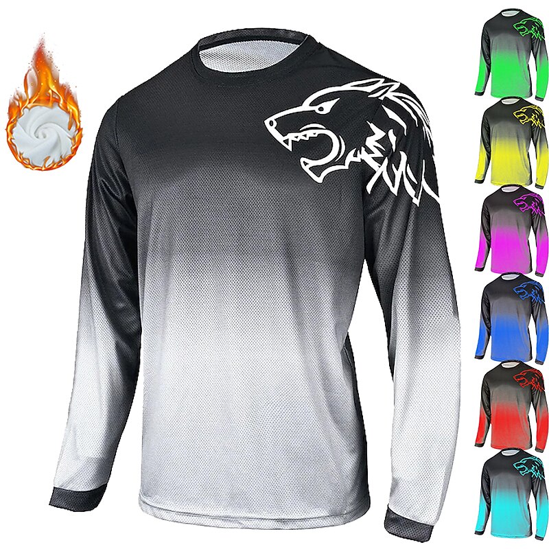 Men's Downhill Jersey Long Sleeve Mountain Bike MTB Road Bike Cycling Wine Red Yellow Red Gradient Wolf Bike Jersey Fleece Lining Breathable Quick Dry Polyester Sports Gradient Wolf Clothing Apparel