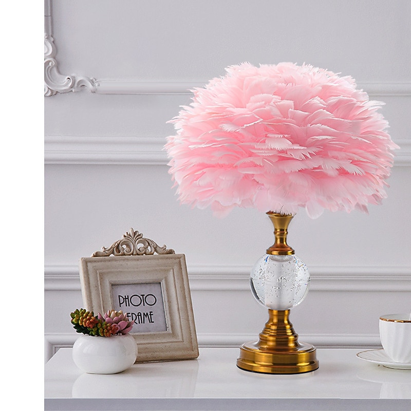 Pink Feather Table Lamp, Modern Bedside Light Iron Feather Lamp Bedroom Desk Night Light Lampshade Decorations4