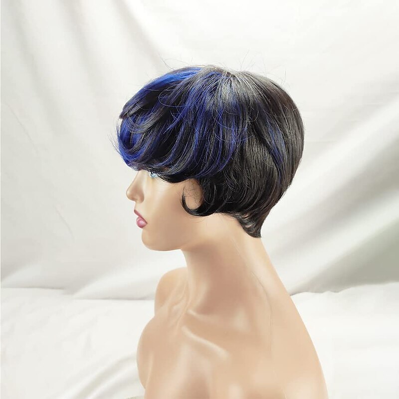 Pixie Cut Wig with Bangs Human Hair 1B / Blue 9A Brazilian Human Hair Wigs Glueless Short Straight Brazilian Ombre Wigs American African No Lace Front Human Hair Wigs4