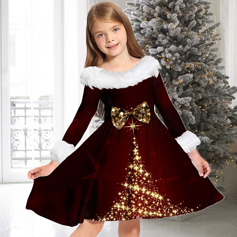 Kids Girls' Christmas Dress Dress Tree Long Sleeve Christmas Gifts Casual Fur Trim Crewneck Adorable Daily Polyester Above Knee Casual Dress Swing Dress A Line Dress Fall Winter 2-13 Years Black Wine