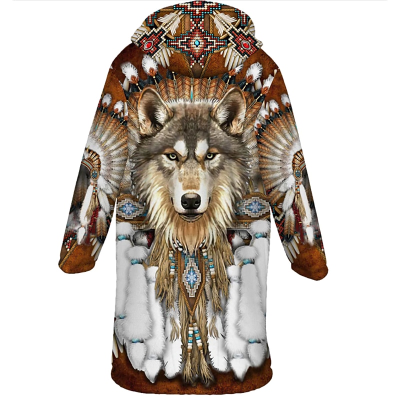 Men's Winter Coat Fleece Jacket Coat Sports & Outdoor Daily Wear Warm Breathable Zipper Pocket Fall & Winter Wolf Bandana Print Streetwear Ethnic Style Hoodie Long Regular Fit Black Purple Orange3