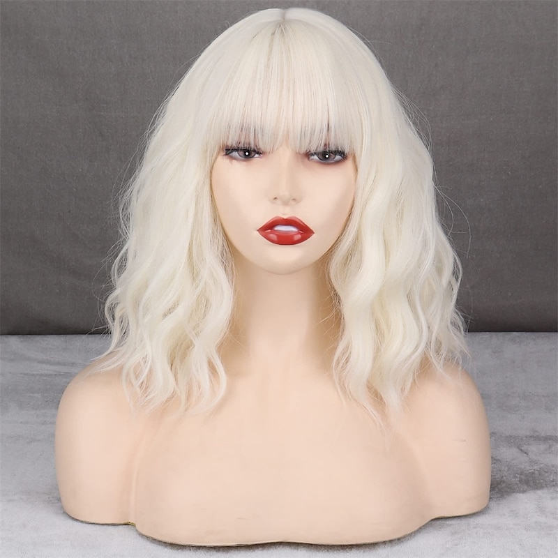 Short Platinum Blonde Wigs for Women White Blonde Wavy Wig with Bangs Synthetic Medium Length Platinum Wavy Bob Wig for Daily Use