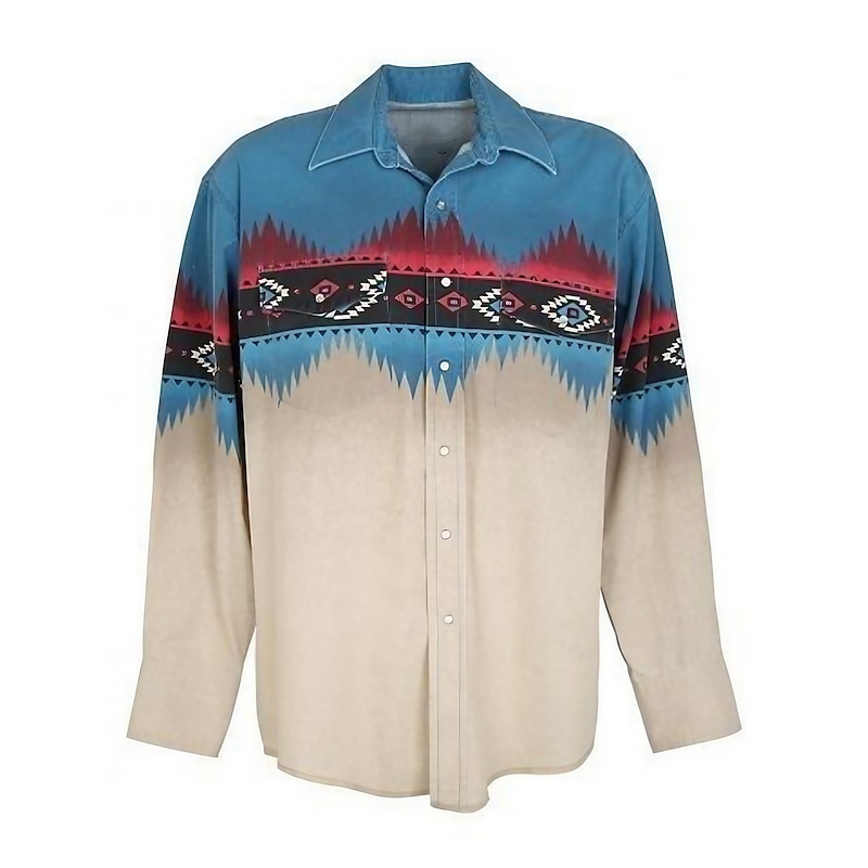 Men's Tribal Graphic Prints Geometry Shirt Western Shirt Cowboy Shirt Long Sleeve Fashion Designer Casual Outdoor Daily Fall & Winter Turndown Print Button-Down Sea Blue Yellow Red Blue Green