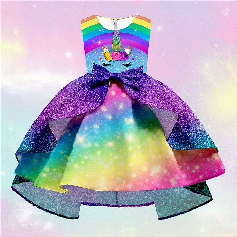 Kids Girls' Dress Party Dress Animal Rainbow Unicorn Sleeveless Formal Ruffle Crewneck Elegant Beautiful Polyester Knee-length Swing Dress A Line Dress Fall Winter 3-10 Years Purple3