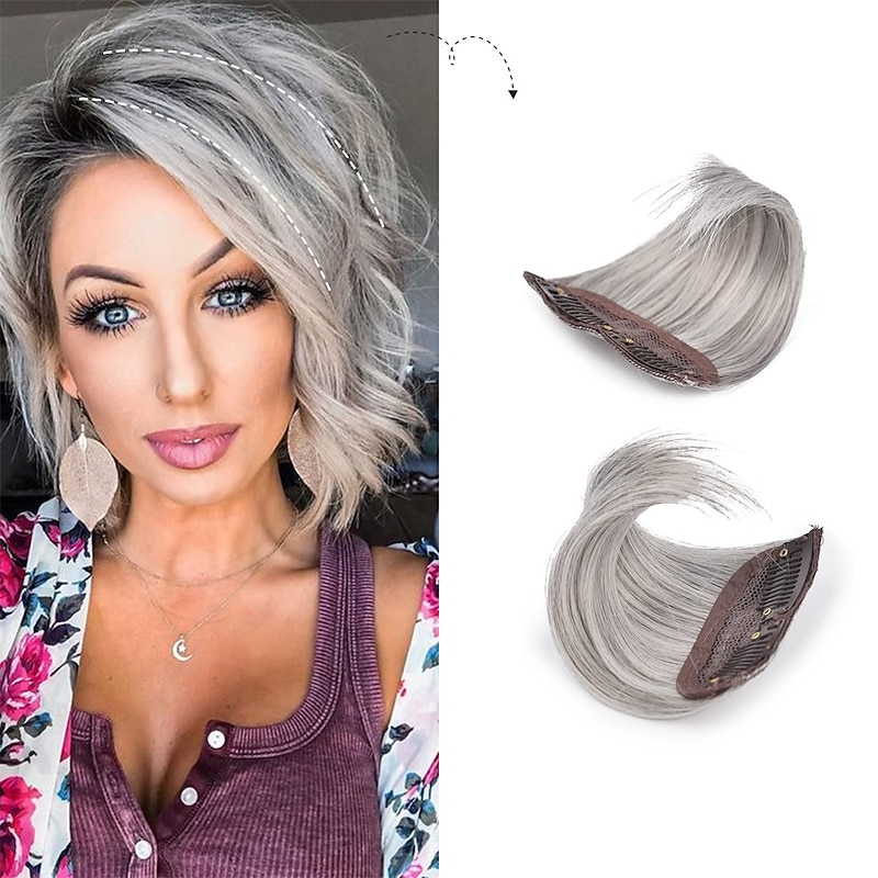2 pack 4 inch Short Thick Hairpieces Adding Extra Hair Volume Clip in Hair Extensions Hair Topper for Thinning Hair Women Color Grey/Brown/Silver/White Mixed