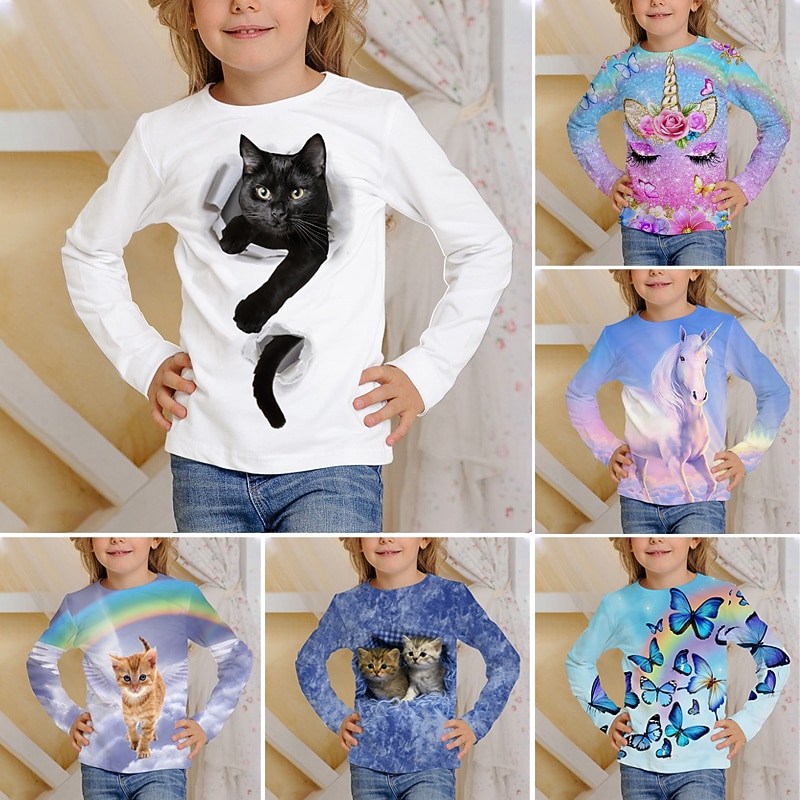 Girls' 3D Animal Cat T shirt Long Sleeve 3D Print Fall Winter Active Sports Fashion Kids 3-12 Years Outdoor Daily Regular Fit