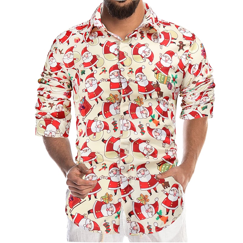 Christmas Men's Christmas Scene Printed Shirts Shirts Snowman Graphic Prints Snowflake Turndown R White+Red Black White+Gray Red 3D Print Street Long Sleeve Button-Down Print Clothing Apparel Fashion2