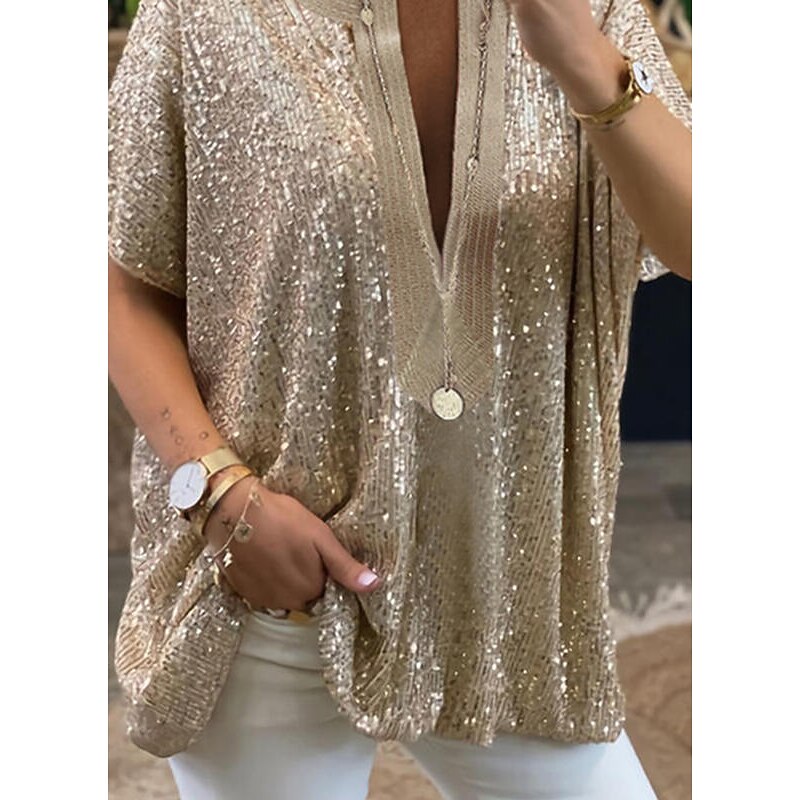 Women's Shirt Blouse Elegant Vintage Fashion Sparkly Sequins Long Sleeve Regular Tops V Neck Casual Weekend Silver Gold Spring Fall3