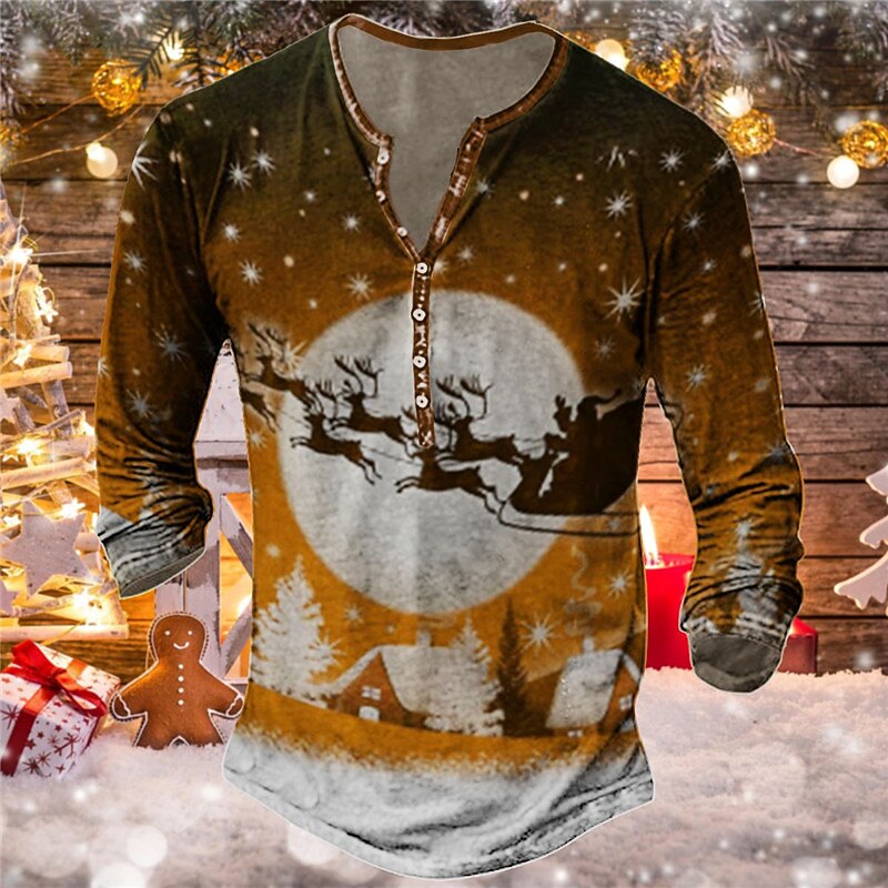 Christmas Men's Christmas Scene Henley T Shirt Tee Henley Tee Graphic Santa Claus Elk Henley Red Blue Orange 3D Print Outdoor Long Sleeve Button-Down Print Clothing Apparel Designer Basic Classic3