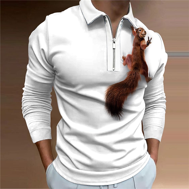 Men's Squirrel Zip Polo Shirts Golf Shirt Long Sleeve Polo Shirts Collared Shirts Casual Funny Streetwear Vacation Wear Party Outfits 3D Print Quarter Zip Polo White Yellow Red