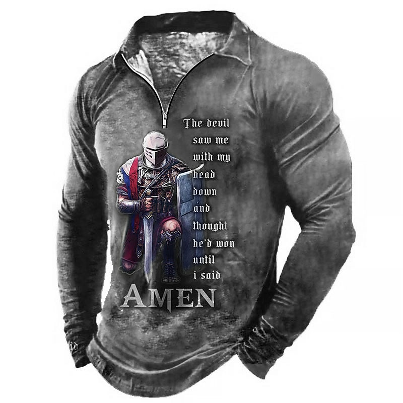 Men's Knights Templar Zip Polo Shirts Golf Shirt Long Sleeve Polo Shirts Collared Shirts Vintage Casual Vacation Wear Festival Wear Party Outfits 3D Print Quarter Zip Polo Black Blue Green3