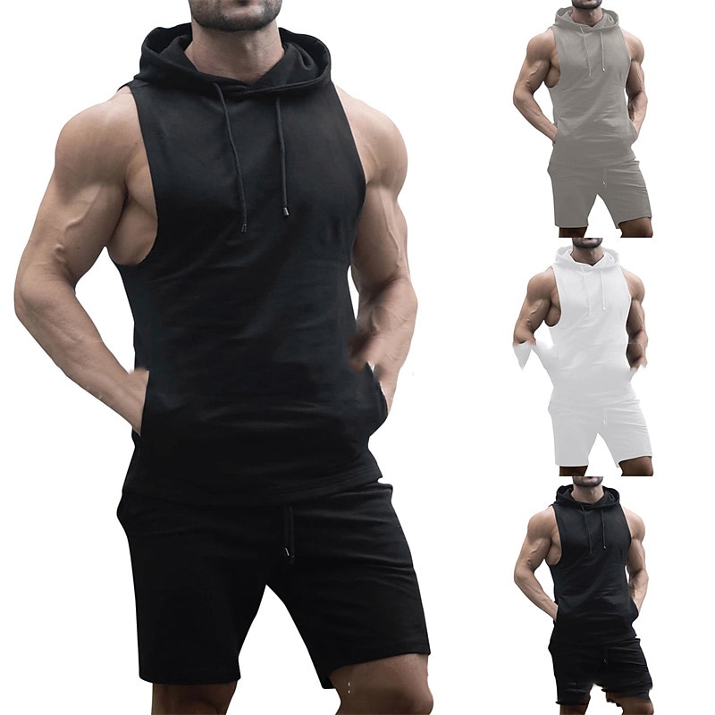 Men's T-shirt Suits Tracksuit Tennis Shirt Shorts and T Shirt Set Sleeveless Short Sleeve Hooded Summer Solid Colored Sports Designer Sportswear Drawstring 2 Piece Outdoor Street Daily Black White