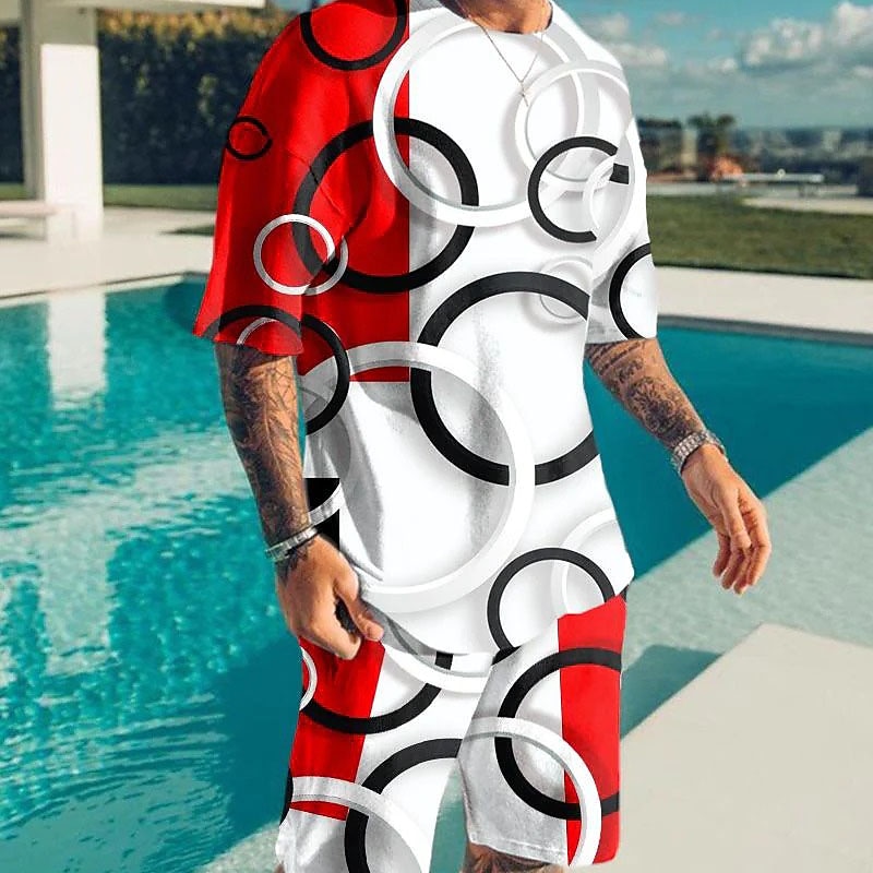 Men's Color Block Graphic Prints 2pcs Tees sets Matching Sets Short Sleeve Short Pants Crew Neck Basic Classic Comfortable Outdoor Street Daily 3D Print Summer Spring Yellow Red Blue