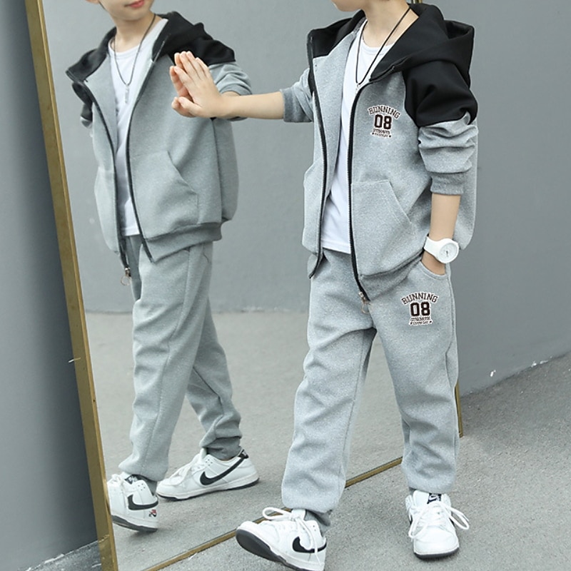 2 Pieces Kids Boys Tracksuits Outfit Color Block Letter Long Sleeve Cotton Set Sports Winter Fall 7-13 Years Black Gray2